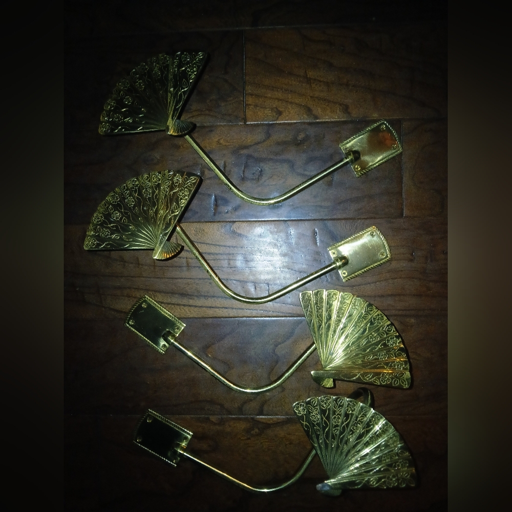 Beautiful Vintage Etched Brass Oriental Fan Curtain Holders..